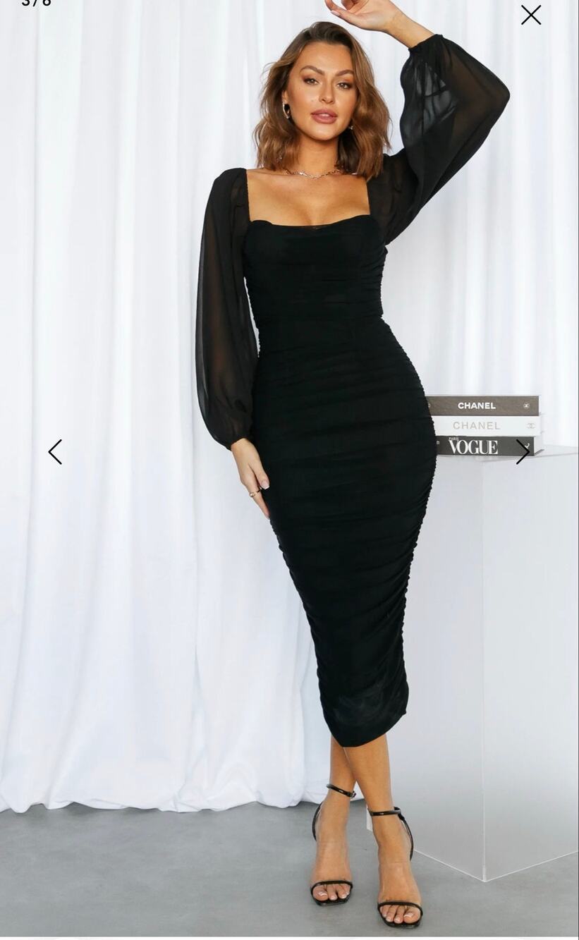 Hello Molly Black Ruched Long Sleeve Midi Dress XS NWT